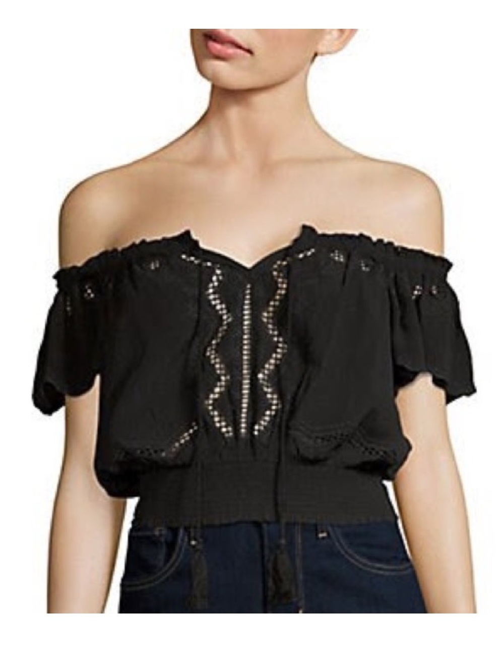 ASTR the Label Reyna Black Boho Off the Shoulder Embroidered Semi Crop Top Large